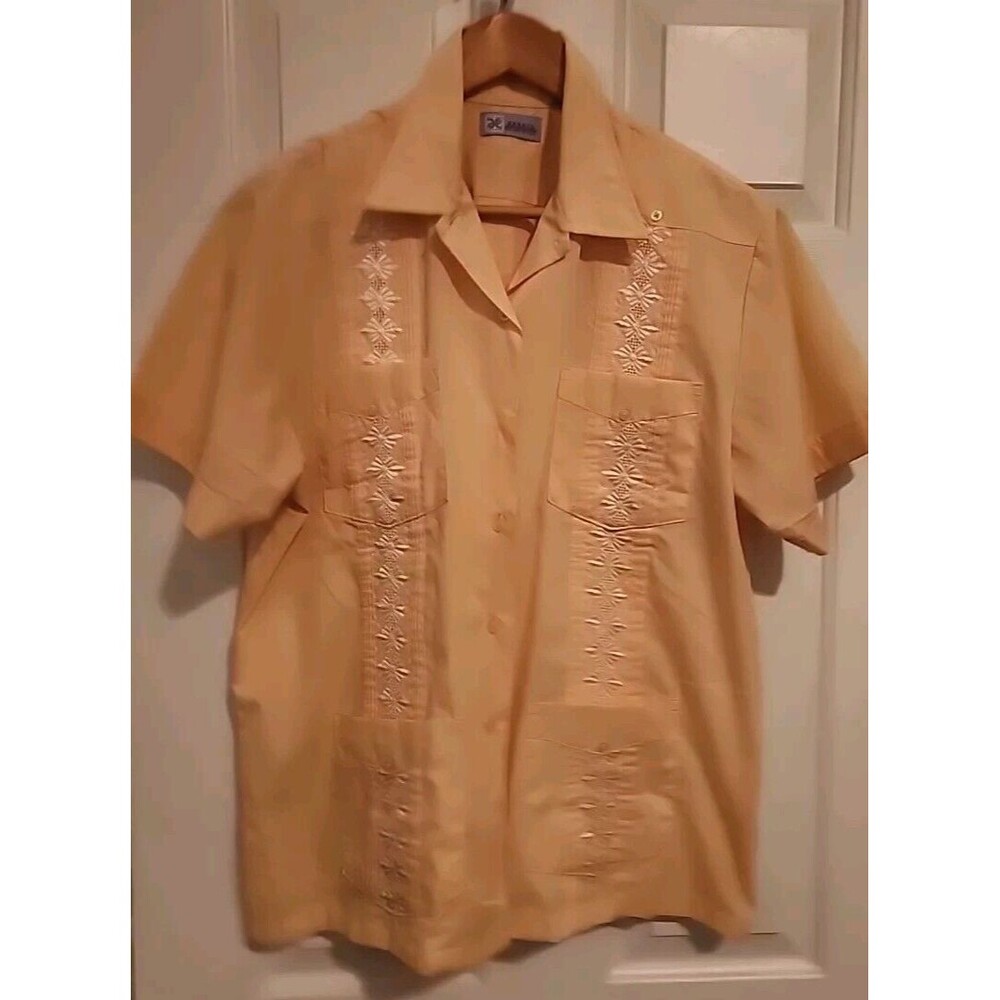 Haband Mens Button Up Shirt Yellow Embroidered Large